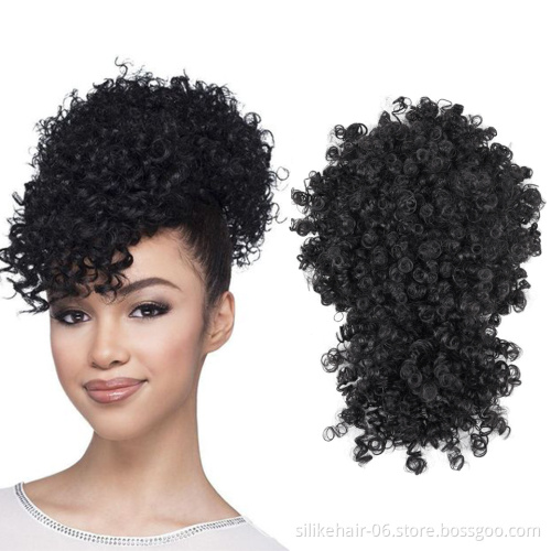Soft Black Brown Afro Puff Hair Pieces Short Kinky Curly Drawstring Ponytail Chignon With Bangs Synthetic Hair Bun Extensions
